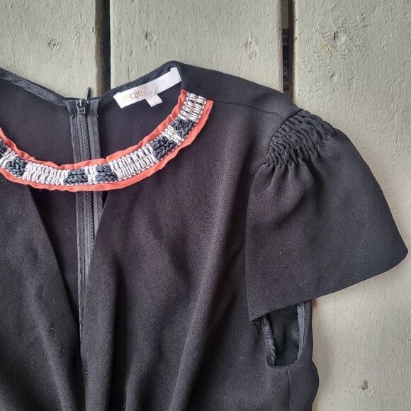 Maje Fraicheur Black Twist Front Cutout V-Front Embroidered Dress Size 2 - Picture 5 of 7